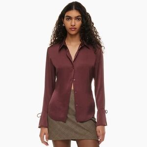 Aritzia Wilfred Satin Deep Red Button-Front Tie Sleeve Blouse XS